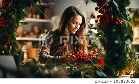 Cute young woman florist makes and decorates a Christmas wreath from fir branches with red berries and holly branches. 108823602