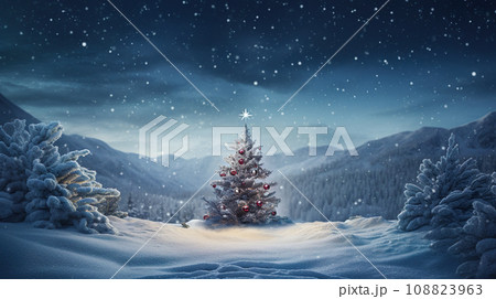 幻想的な夜の雪原とクリスマスツリーの3Dイラスト「AI生成画像」 108823963