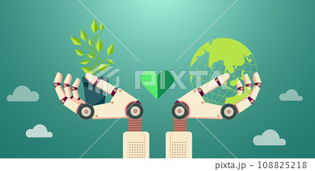 Robot hand holding green plant or tree seedlings and green Earth, concept of applying Ai,Artificial Intelligence Technology in Agriculture and nature conservation,Clean energy AI technology. 108825218