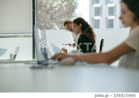 Two diverse business colleagues work with documents while use laptop in office background 108825860
