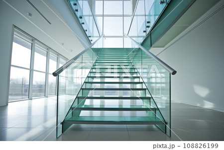 Glass Staircase in a Modern Building: A sleek glass staircase in a contemporary architectural setting. Glass Staircase in a Modern Building: A sleek glass staircase in a contemporary architectural setting. 108826199