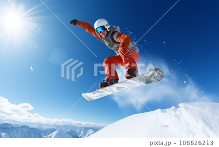 Flying snowboarder on blue sky background. 108826213