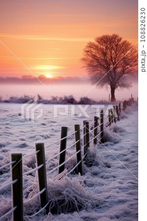 Frosty winter landscape with a tree in the background at sunrise 108826230