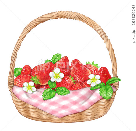 水彩で描いた、苺の実と花と葉が入ったかご(ピンクのチェック柄の布