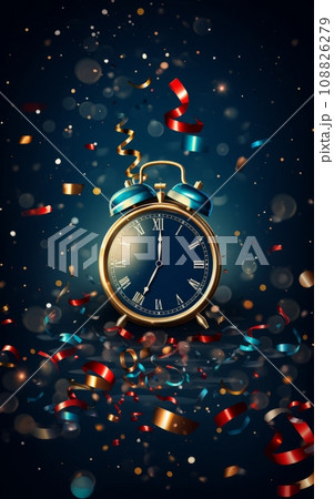 Classic alarm clock and confetti and streamers on dark blue background 108826279