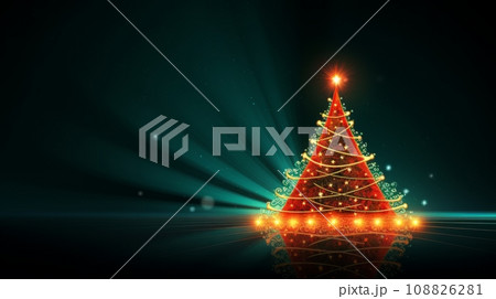 christmas tree with lights and rays on green dark background, illustration 108826281