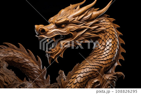Wooden Chinese dragon symbol of the 2024 year: An artistic representation of a dragon from the Chinese zodiac carved from wood. 108826295