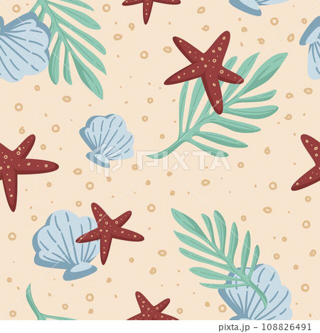 Sea seamless pattern with starfish, shells leaf 108826491