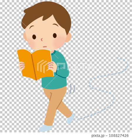 ウロウロと歩きながら本を読む子供　男の子　発達障害　多動性 108827426