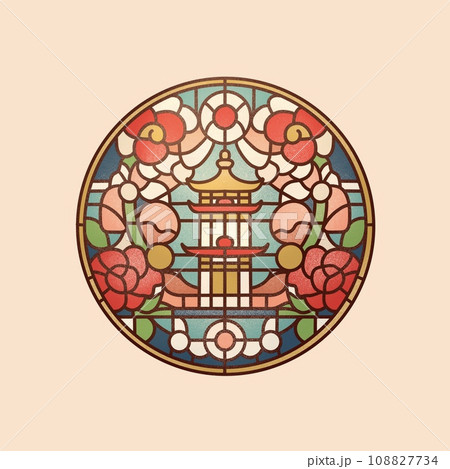 大正ロマン風、花と仏閣のステンドグラスイラスト 108827734