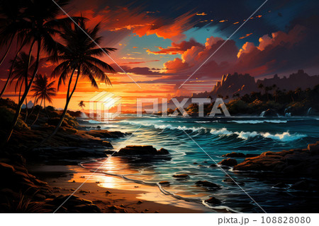 Tropical beach with palm trees and white sand on sunset. Summer vacation and resort concept 108828080