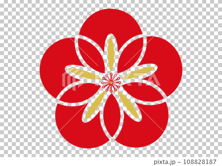 梅花圖示 華麗的紅色和金色梅花花瓣標記材料插圖 梅花圖示 華麗的紅色和金色梅花花瓣標記材料插圖 108828187