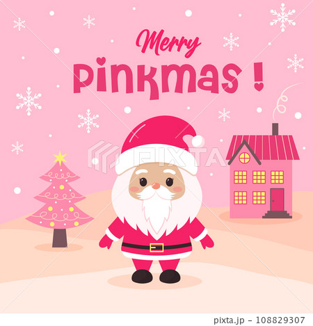 Merry Pinkmas greeting card with cute Santa Claus, pink Christmas tree, winter house and snowflakes. Winter snowy landscape. Holiday cartoon character. Merry Pinkmas greeting card with cute Santa Claus, pink Christmas tree, winter house and snowflakes. Winter snowy landscape. Holiday cartoon character. 108829307
