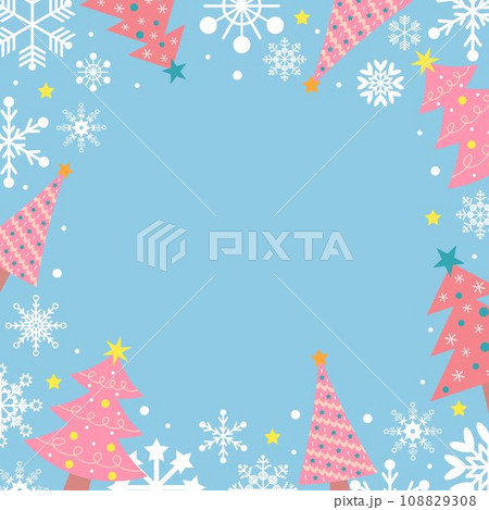 Pastel blue background with white snowflakes, pink Christmas trees and stars. Festive Xmas design. Empty space for your text. Template for cards, banner, poster. 108829308