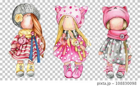 Watercolor hand drawn doll Tilda in dress set. Hand drawn illustration isolated on white. Design for baby shower party, birthday, cake, holiday celebration design, greetings card,invitation. 108830098