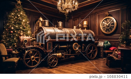 Steampunk Christmas decorations and paraphernalia. Decorations, wreaths on the door with a bell 108830411