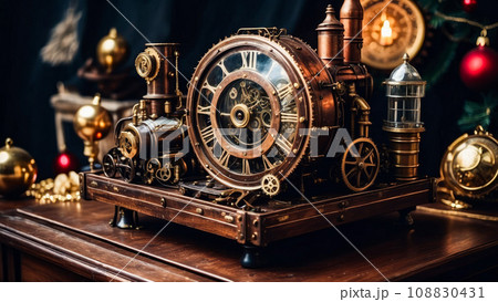 Steampunk Christmas decorations and paraphernalia. Decorations, wreaths on the door with a bell 108830431