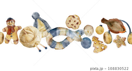 Hand drawn watercolor illustration. Knitted woolen hat, scarf, yarn ball, homemade gingerbread cookies, robin bird, Christmas. Seamless banner isolated on white. For shop, logo, print, paper, card 108830522