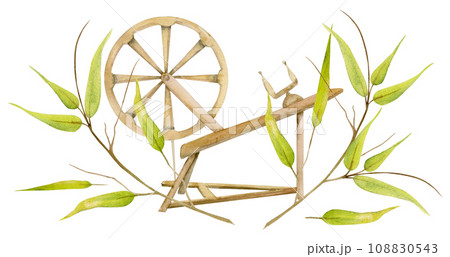 Hand drawn watercolor spinning wheel with bamboo leaves on branch. Natural plant. Botanical illustration isolated object composition on white background. For shop logo print, website, card, booklet. 108830543