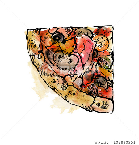 Hand drawn watercolor ink illustration. Capricciosa pizza slice, mozzarella tomato basil olive prosciutto champignon. Single object isolated on white. Restaurant menu cafe food shop package, print. Hand drawn watercolor ink illustration. Capricciosa pizza slice, mozzarella tomato basil olive prosciutto champignon. Single object isolated on white. Restaurant menu cafe food shop package, print. 108830551