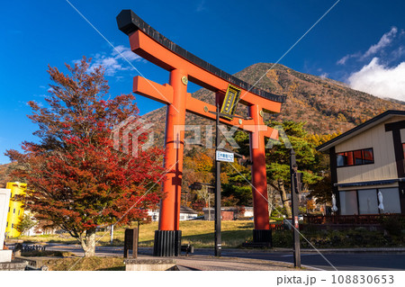《栃木県》秋の奥日光・鳥居と紅葉の男体山 108830653