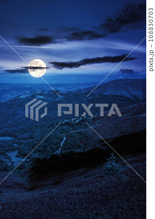mountain landscape with forested hillside meadow under the clouds on a blue summer sky at night. wonderful nature scenery in full moon light mountain landscape with forested hillside meadow under the clouds on a blue summer sky at night. wonderful nature scenery in full moon light 108830703