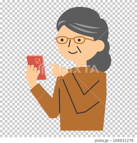 Illustration of a senior woman wearing glasses operating a smartphone Illustration of a senior woman wearing glasses operating a smartphone 108831276