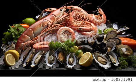 Raw fish shrimp oysters mussels shells on ice 108831991