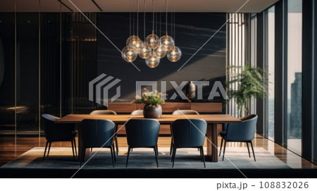 modern interior design with wood table and chairs modern interior design with wood table and chairs 108832026