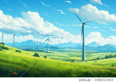 Wind farm or wind park in a field with green grass Wind farm or wind park in a field with green grass 108832303