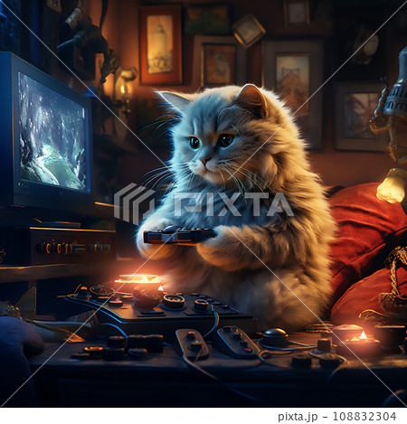 Cute tabby cat is enjoying gaming session on computer 108832304