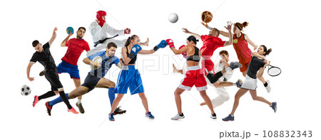 Collage. Different people in motion, sportsmen of diverse sports isolated over white background. Competition, sport, match 108832343