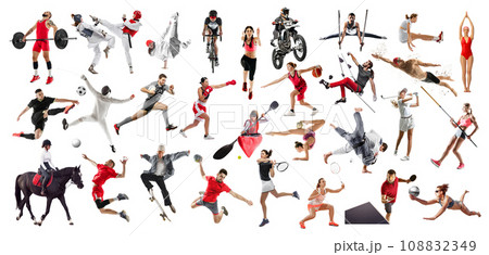 Collage made of different people, men and women, professional athletes in divers kind of sports isolated over white background. Competition, sport, match 108832349