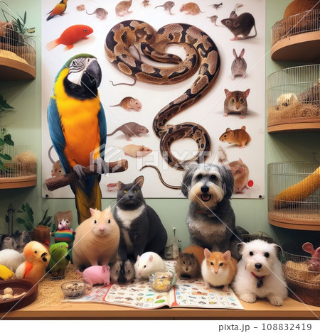 photo of pet clinic full of parrots hamster rats cats dogs and a fat snake 108832419