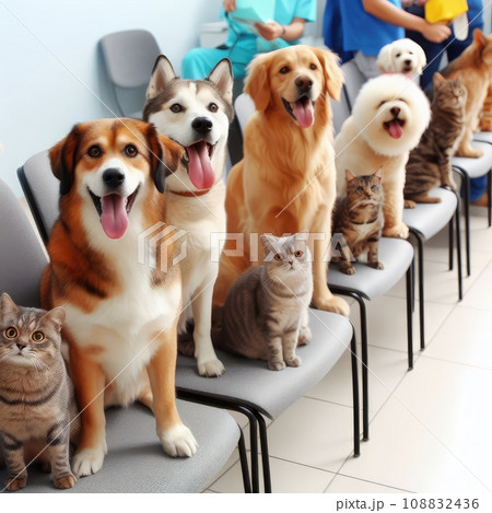 photo of dogs cats and other home animals sitting on chairs waiting in a queue to pets clinic photo of dogs cats and other home animals sitting on chairs waiting in a queue to pets clinic 108832436