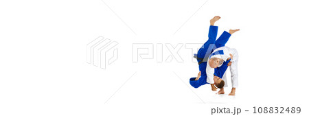 Banner. Two men professional judoist training, fighting performs technical skill isolated white studio background. Copy space for ad, text 108832489
