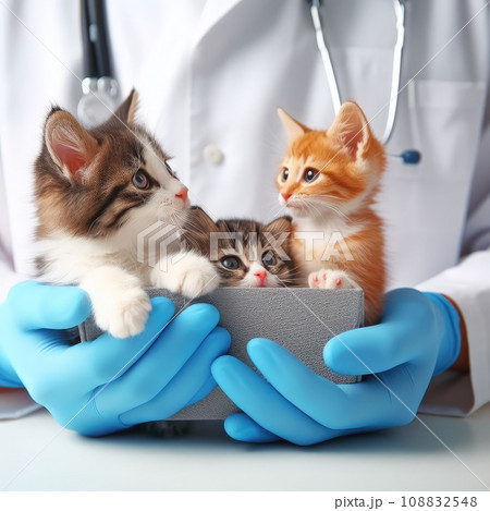 Vet examining dog and cat. Puppy and kitten at veterinarian doctor. Pet check up and vaccination 108832548