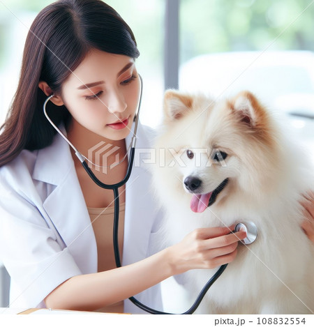 Vet examining dog and cat. Puppy and kitten at veterinarian doctor. Pet check up and vaccination 108832554