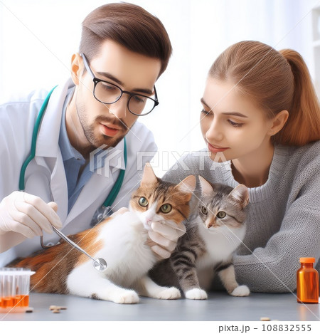 Vet examining dog and cat. Puppy and kitten at veterinarian doctor. Pet check up and vaccination 108832555