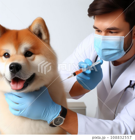 Vet examining dog and cat. Puppy and kitten at veterinarian doctor. Pet check up and vaccination 108832557