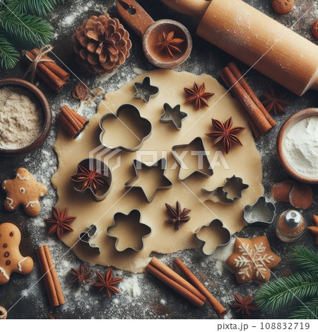 Gingerbread dough with metal cutters in different shapes for christmas cookies and wooden rolling 108832719