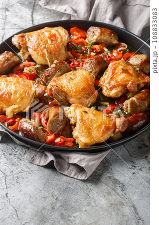 Chicken Scarpariello is a classic Italian-American dish with juicy chicken thighs, sweet Italian sausage, and a vinegary, sweet-sour sauce closeup on the plate. Vertical Chicken Scarpariello is a classic Italian-American dish with juicy chicken thighs, sweet Italian sausage, and a vinegary, sweet-sour sauce closeup on the plate. Vertical 108833083