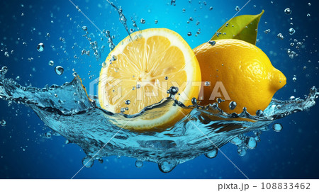 Fresh lemon falling into water with splash on blue background.  Cut lemon falling into water with  splashes on blue background, close up. Citrus fruit with water splash. Healthy food. AI generated 108833462