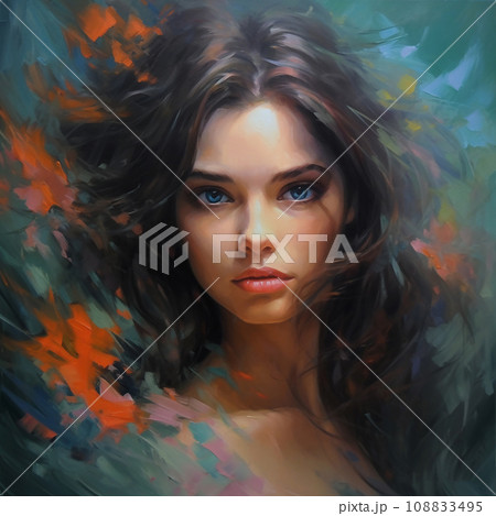 Art oil portrait of a beautiful woman with bright make-up and long hair. Art painted Portrait of beautiful girl. Digital painting. Illustration of a beautiful girl with oil paints. Art oil portrait of a beautiful woman with bright make-up and long hair. Art painted Portrait of beautiful girl. Digital painting. Illustration of a beautiful girl with oil paints. 108833495