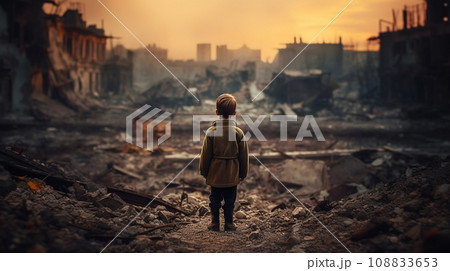 Child in a dirty clothes stands looks to destroyed city after the war, rear view.  A lonely boy standing against the background of a bombed out fuming city. Human suffering and war. AI generated 108833653
