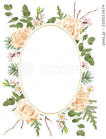 Floral frame for invitation, greeting card, banner, with rose, thuja, fir, eucalyptus, pink berries and flowers. Floral frame for invitation, greeting card, banner, with rose, thuja, fir, eucalyptus, pink berries and flowers. 108833674
