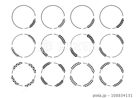 Laurel branches frames. Vintage laurel wreath round frame borders with bay leaves, ornate award, wedding invitation decorative floral elements. Isolated vector set 108834131