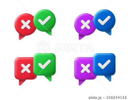 Survey reaction icon. Check mark and cross on red and green, blue and violet 3d speech bubbles. Decline, negative and approve, positive signs. Vector set Survey reaction icon. Check mark and cross on red and green, blue and violet 3d speech bubbles. Decline, negative and approve, positive signs. Vector set 108834138