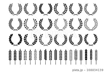 Wheat and barley ears. Harvest wheat bread grain icons, ripe growth rice and oats stalk, rye grains ear silhouettes isolated cereals product vector set Wheat and barley ears. Harvest wheat bread grain icons, ripe growth rice and oats stalk, rye grains ear silhouettes isolated cereals product vector set 108834139