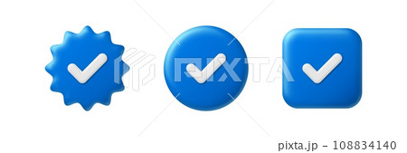 Blue check mark. Verified social media account 3D icons. Approved profile sign. Tick in blue star, circle and rectangle. Top page, safety person vector illustration Blue check mark. Verified social media account 3D icons. Approved profile sign. Tick in blue star, circle and rectangle. Top page, safety person vector illustration 108834140
